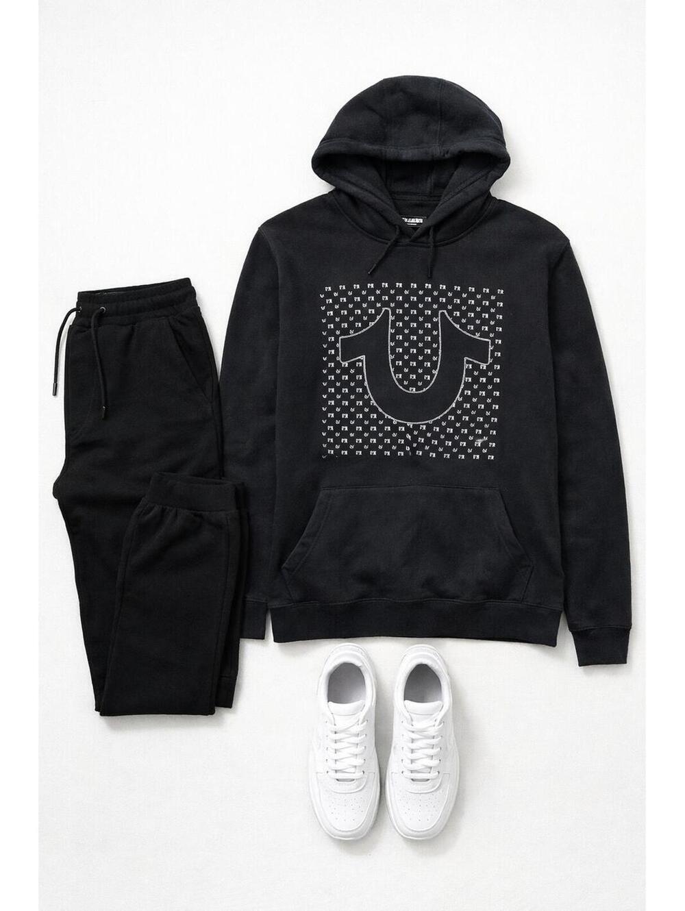 True Religion Black Hoodie Sweatshirt Size Medium Logo Graphic